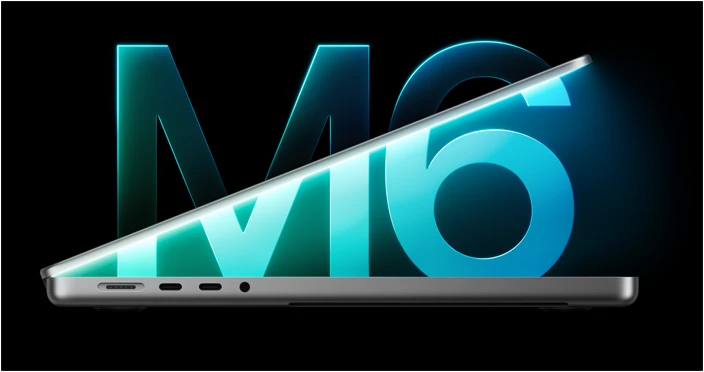 صورة جانبية لجهاز MacBook Pro، لون فضي، الغطاء مفتوح جزئياً ويكشف عن ضوء أزرق متوهج، رسم غرافيكي كبير متوهج لكلمة M6 في الخلفية