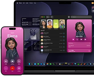 جهاز MacBook Pro وجهاز iPhone، تطبيق الهاتف مفتوح، جهة الاتصال نفسها معروضة على الشاشتين