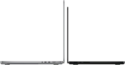 جهاز MacBook Pro مقاس 14 إنش بلون أسود فلكي إلى جانب جهاز MacBook Pro مقاس 16 إنش بلون فضي