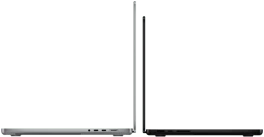 جهاز MacBook Pro مقاس 14 إنش بلون أسود فلكي إلى جانب جهاز MacBook Pro مقاس 16 إنش بلون فضي