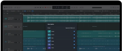 جهاز MacBook Pro، برنامج‏ Logic Pro، مسارات موجية، لوحة Stem Splitter، الفئات: أصوات، طبول، باس، غير ذلك، كل منها مع موجة صوتية منفصلة
