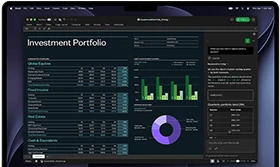 MacBook Pro screen showing Excel spreadsheet with investment portfolio data, green bar chart, purple donut chart, and Copilot sidebar with quarterly totals
