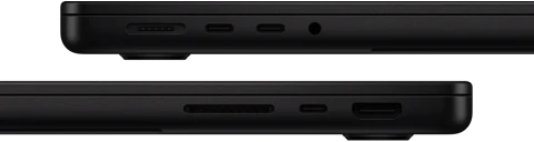 Showing the ports on MacBook Pro — left side: MagSafe, two Thunderbolt ports, and headphone jack — right side: SDXC, one Thunderbolt port, and HDMI