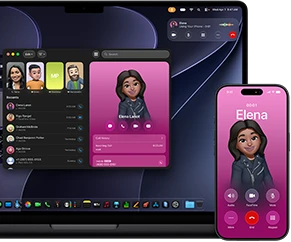 MacBook Pro and iPhone, Phone app open, same contact displayed on both screens