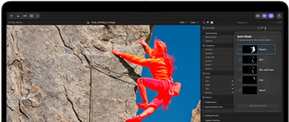 MacBook Pro, Final Cut Pro, Auto Mask panel, People category selected, additional categories: skin, skin and face, hair, mouth, climber in red tones scaling rocky cliff against blue sky