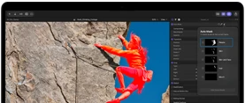 MacBook Pro, Final Cut Pro, Auto Mask panel, People category selected, additional categories: skin, skin and face, hair, mouth, climber in red tones scaling rocky cliff against blue sky