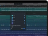 MacBook Pro, Logic Pro, waveform tracks, Stem Splitter panel, categories: vocals, drums, bass, other, each with separate audio waveform