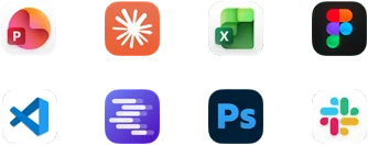 أيقونات تطبيقات Microsoft PowerPoint، وClaude من Anthropic، وMicrosoft Excel، وFigma، وVisual Studio Code، وLM Studio، وAdobe Photoshop، وSlack‏