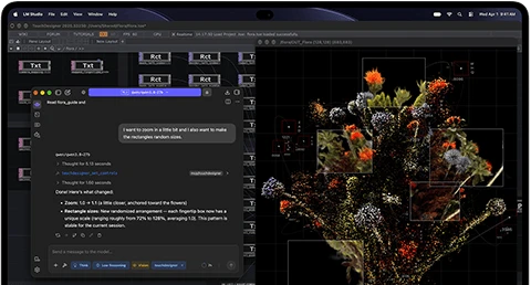 جهاز MacBook Pro مع شاشة PROLED XDR، لون أسود فلكي، الشاشة تعرض صورة يتم إنشاؤها باستخدام TouchDesigner وLM Studio‏‏