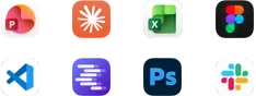 App icons for Microsoft PowerPoint, Claude by Anthropic, Microsoft Excel, Figma, Visual Studio Code, LM Studio, Adobe Photoshop, and Slack