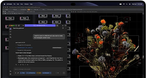 MacBook Pro with PROLED XDR Display, space black color, screen shows an image being created using TouchDesigner and LM Studio