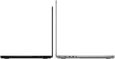 جهازا MacBook Pro مقاس 14 إنش و16 نش معروضان ظهراً لظهر لتوضيح الفرق في الحجم وإبراز نحافة التصميم
