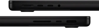صورة تعرض منافذ MacBook Pro - الجهة اليسرى: MagSafe 3، و2 من منافذ ثندربولت، ومقبس لسماعات الرأس - الجهة اليمنى: فتحة بطاقة SDXC، ومنفذ ثندربولت واحد، وHDMI‏‏