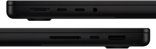 صورة تعرض منافذ MacBook Pro - الجهة اليسرى: MagSafe 3، و2 من منافذ ثندربولت، ومقبس لسماعات الرأس - الجهة اليمنى: فتحة بطاقة SDXC، ومنفذ ثندربولت واحد، وHDMI‏‏
