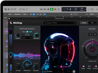 محتوى على شاشة يعرض برنامج MicDrop وهو يستخدم ميزات الذكاء الاصطناعي لتعديل تسجيل صوتي على MacBook Pro‏