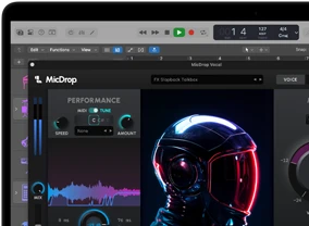 محتوى على الشاشة يعرض برنامج MicDrop وهو يستخدم ميزات الذكاء الاصطناعي لتعديل تسجيل صوتي على MacBook Pro‏