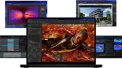 A variety of colorful screen content from music production, video editing, 3D animation, and photo editing apps on Mac, demonstrating powerful graphics performance