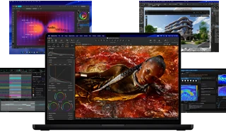 A variety of colorful screen content from music production, video editing, 3D animation, and photo editing apps on Mac, demonstrating powerful graphics performance