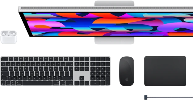 Mac accessories: Airpods, Studio Display, Magic Keyboard, Magic Mouse, Magic Trackpad, MagSafe charge cable in Space Black