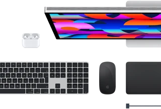 Mac accessories: Airpods, Studio Display, Magic Keyboard, Magic Mouse, Magic Trackpad, MagSafe charge cable in Space Black