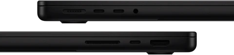 Showing the ports on MacBook Pro — left side: MagSafe 3, two Thunderbolt ports, and headphone jack — right side: SDXC card slot, one Thunderbolt port, and HDMI