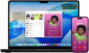MacBook Pro and iPhone 16 Plus, Phone app open, same contact displayed on both screens