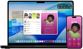 MacBook Pro and iPhone 16 Plus, Phone app open, same contact displayed on both screens