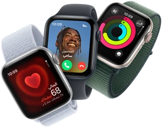مراقبة معدل نبض القلب، ومكالمة واردة، وحلقات النشاط تظهر على ثلاث ساعات Apple&nbsp;Watch‏