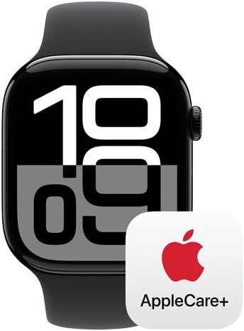 Apple Watch Series 10 next to an AppleCare+ logo, representing AppleCare+ coverage