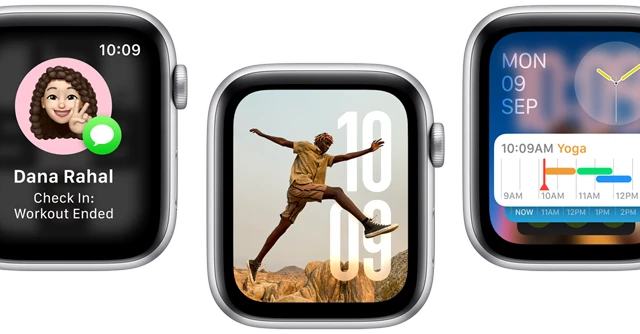 Translate app, Check in app, Photos face, Modular watch face, and Vitals app, on five Apple Watch SE devices