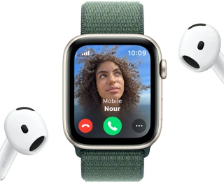 Incoming call on an Apple Watch SE, next to a pair of AirPods