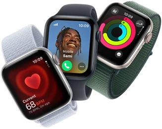 Heart rate monitoring, incoming call, and activity rings on three Apple Watch devices