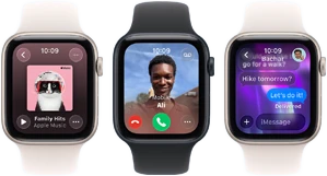 Three Apple Watch SE 3 devices next to each other, one showing the Apple Music app, one showing an incoming phone call, and one showing an iMessage exchange