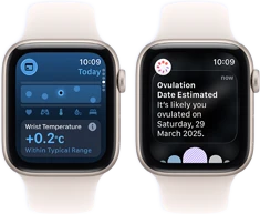 two Apple Watch SE 3 devices with Starlight aluminum cases showing the Vitals app on screens