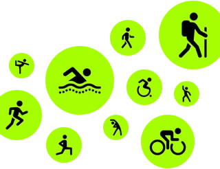 Workout icons, animated stick people running, walking, swimming, using wheelchair, hiking, cycling, lunging, dancing, stretching, and doing yoga