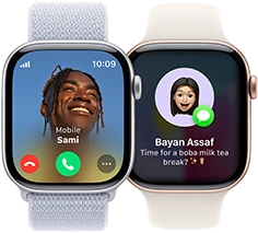 An incoming call on an Apple Watch Series 10 and an incoming text on another Apple Watch Series 10