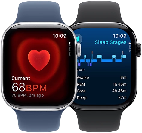 The Heart Rate app showing a current reading of 68 BPM and the sleep apnea notification screen on two separate Apple Watch Series 10 devices