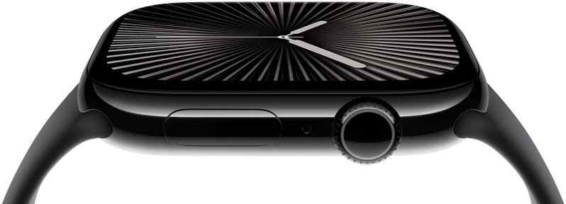 The screen and digital crown of an Apple Watch Series 10 seen from the side. The watch tilts sideways to show more of the screen