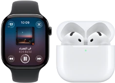 Apple&nbsp;Watch&nbsp;Series&nbsp;11، إطار تيتانيوم بلون طبيعي، الحزام: حزام رياضي أسود، تطبيق Apple&nbsp;Music، شاشة 