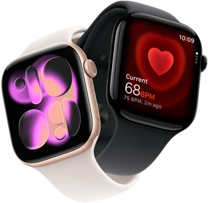 Apple Watch Series 11, aluminum rose gold, Responsive Art watch face, right side exterior: Digital Crown, microphone, side button, light blush Sport Band, Apple Watch Series 11, aluminum jet black, Heart Rate app, current beats per minute, right side exterior: Digital Crown, black Sport Band