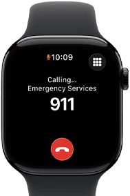 Apple Watch Series 11, aluminum jet black case, emergency call to 911 on screen, right side exterior: Digital Crown, black Sport Band