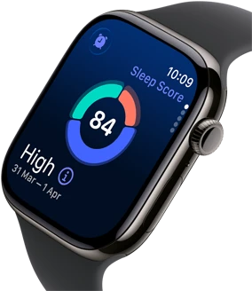 Up close Apple Watch Series 11 with a titanium slate case, showing sleep score on screen