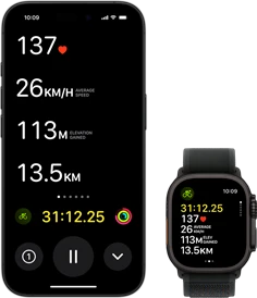 Live Activity showing a person's biking metrics on both their Ultra 2 and their iPhone