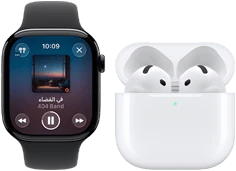 Apple&nbsp;Watch&nbsp;Series&nbsp;11، إطار تيتانيوم بلون رمادي بني، الحزام: حزام رياضي أسود، تطبيق Apple&nbsp;Music&nbsp;مفتوح، مقترنة بسماعات AirPods&nbsp;4‏