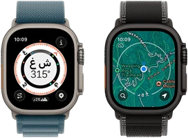 ساعتا Apple&nbsp;Watch&nbsp;Ultra&nbsp;3، تعرض إحداهما الخرائط وتعرض الأخرى ميزات مسار العودة بما في ذلك البوصلة والارتفاع ونقاط الطريق المحددة