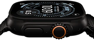 Apple Watch Ultra 3, side exterior, black titanium case, compass on Orienteering watch face, side button and digital crown