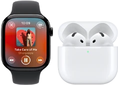 Apple Watch Series 11, titanium slate case, band: black sport band, Apple Music app open, paired with AirPods 4