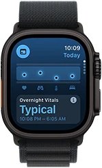 Apple Watch Ultra 3, titanium natural case, sleep score screen, breakdown in circle graph, score in center, band, blue Trail Loop
