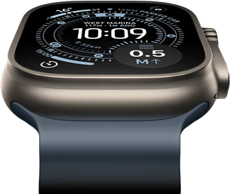 Apple Watch Ultra 3 tilted forward, natural titanium case, compass on Orienteering watch face, anchor blue Ocean Band