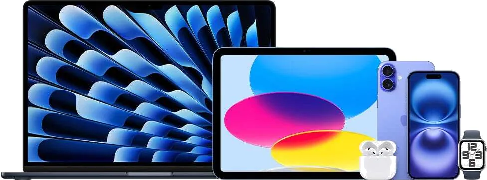 A MacBook, iPad, iPhone, AirPods and Apple Watch